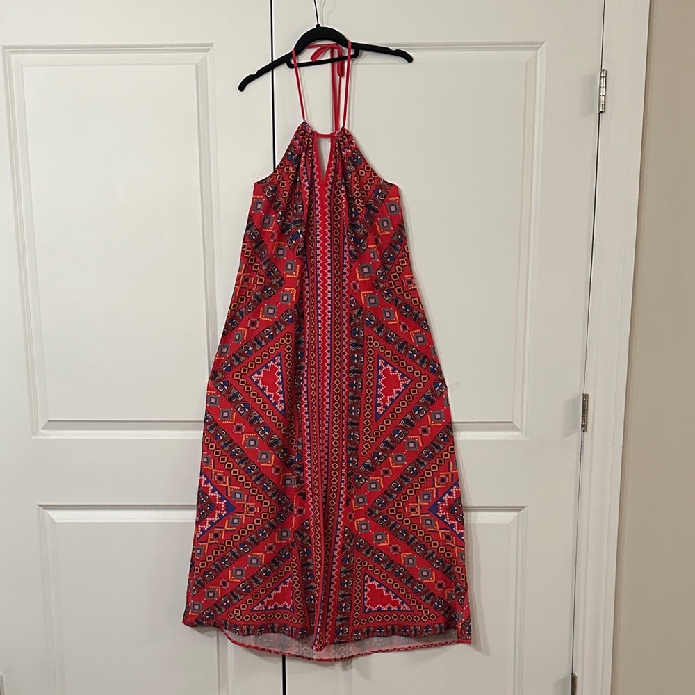 Flying Tomato Red Geometric Halter Dress | Boho Tribal Print | Size L